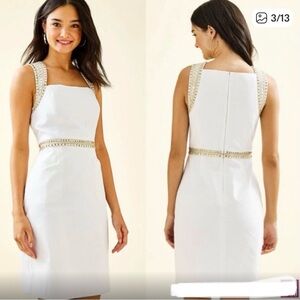 Lilly Pulitzer Dana Shift Dress in Resort White with Gold Beaded Trim